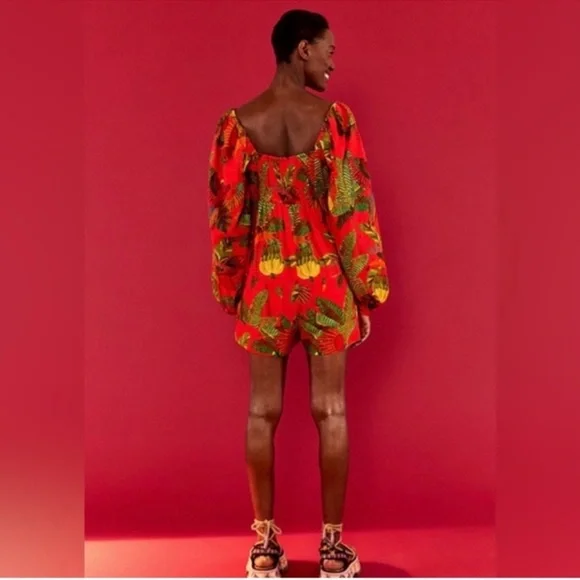 NWT Farm Rio Red Forest Birds Printed Square Long Sleeve Romper Women’s Size XS - Picture 3 of 8